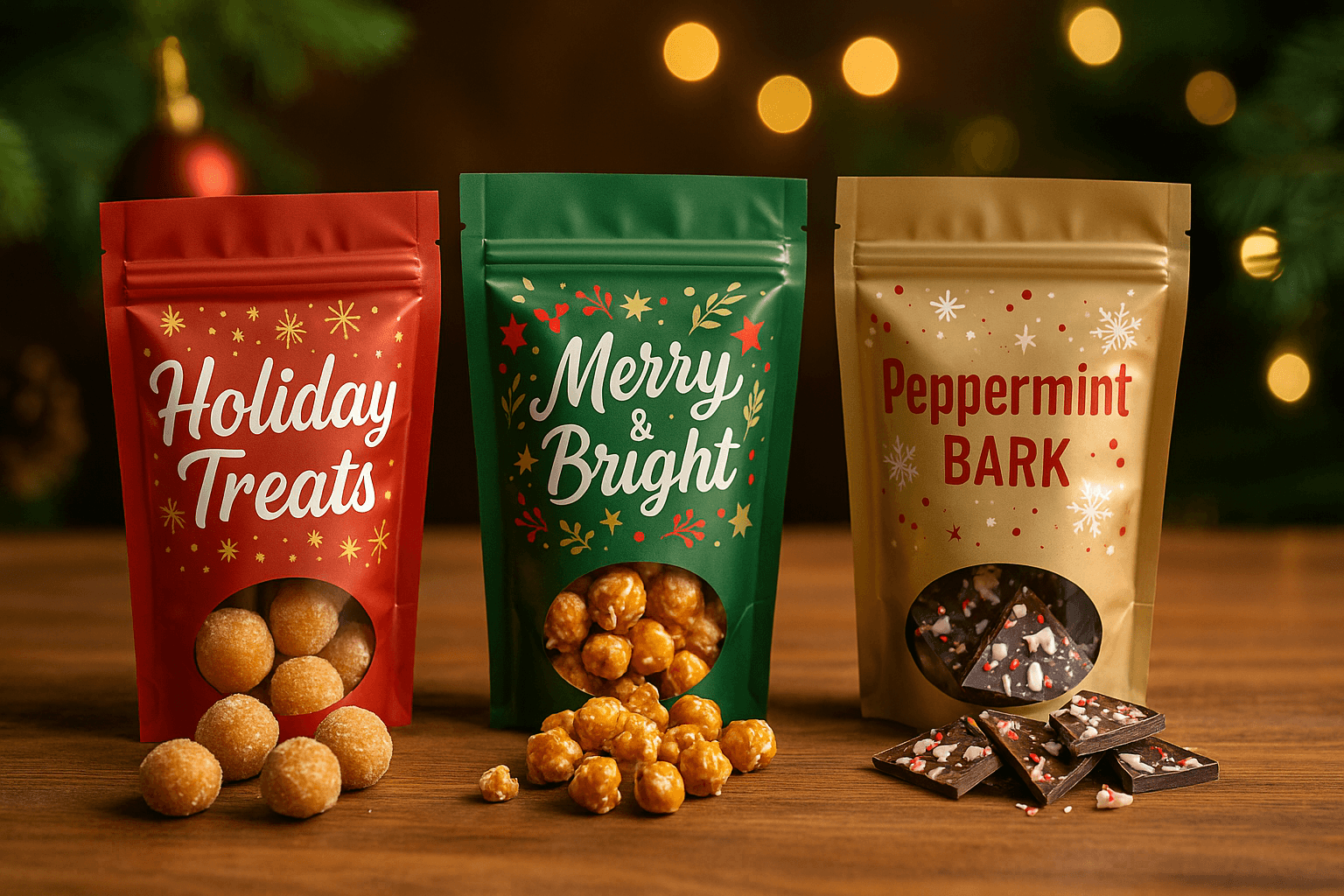 Festive stand-up snack pouches on a wooden holiday table with caramel popcorn, yoghurt pretzels and seasonal treats spilling out, showing Christmas packaging design and strong shelf appeal.
