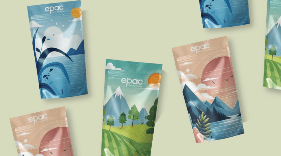 Farbige Stand up Beutel mit Landschaftsillustrationen, die ein modernes Grafikdesign auf flexiblen Lebensmittelverpackungen zeigen.