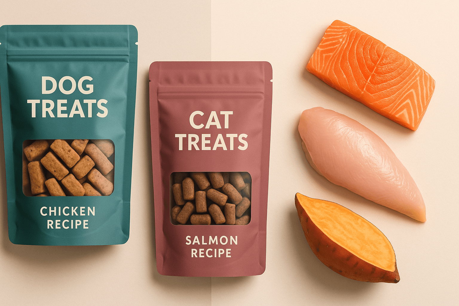 Stand up Beutel für Hunde und Katzen Leckerlis mit Sichtfenster. Daneben liegen frischer Lachs, Hühnerfleisch und Süßkartoffel. Das Bild zeigt hochwertige flexible Verpackungen mit starker Barriereleistung für Tiernahrung.