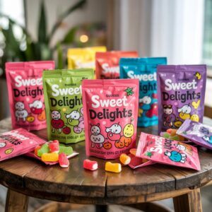 Colorful Sweet Delights gummy candy pouches displayed on a rustic wooden table, with assorted fruit-shaped gummies spilling out, showcasing vibrant flexible packaging in various flavours.