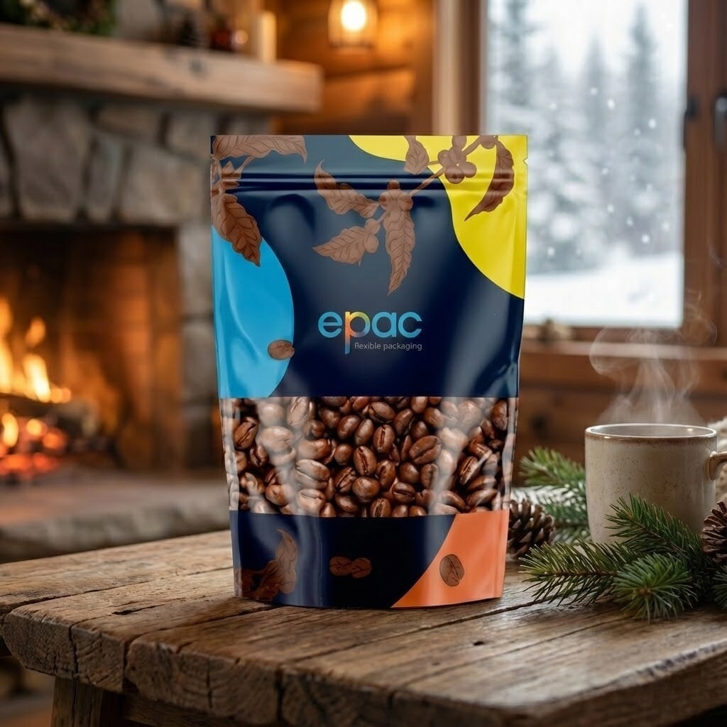 ePac Coffee Pouch in Winter Cabin Setting Stand-up coffee pouch with colourful ePac design on a rustic wooden table in a cosy winter cabin, with a fireplace glowing and a snowy forest visible through the window.