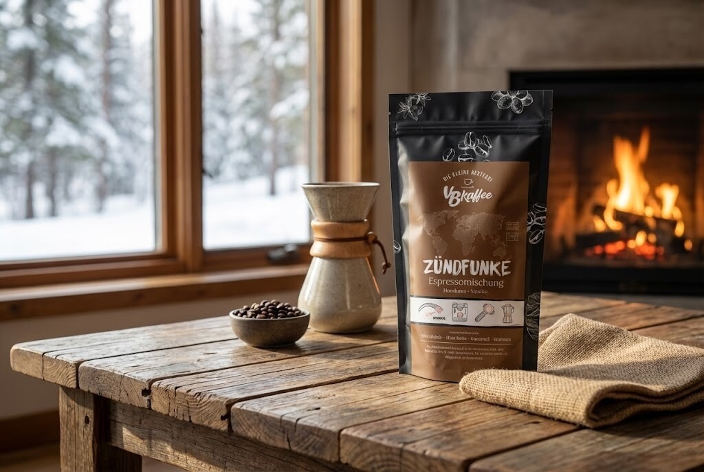 Stand-up coffee pouch with winter-themed Zündfunke espresso design on a rustic wooden table in a cosy cabin setting, with snow outside the window and a fireplace in the background.