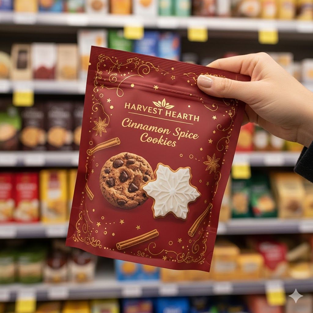 Shopper Holding Festive Cinnamon Spice Cookie Pouch Close-up of a shopper holding a festive cinnamon spice cookie pouch on a supermarket shelf, showing Christmas packaging design and strong shelf appeal.