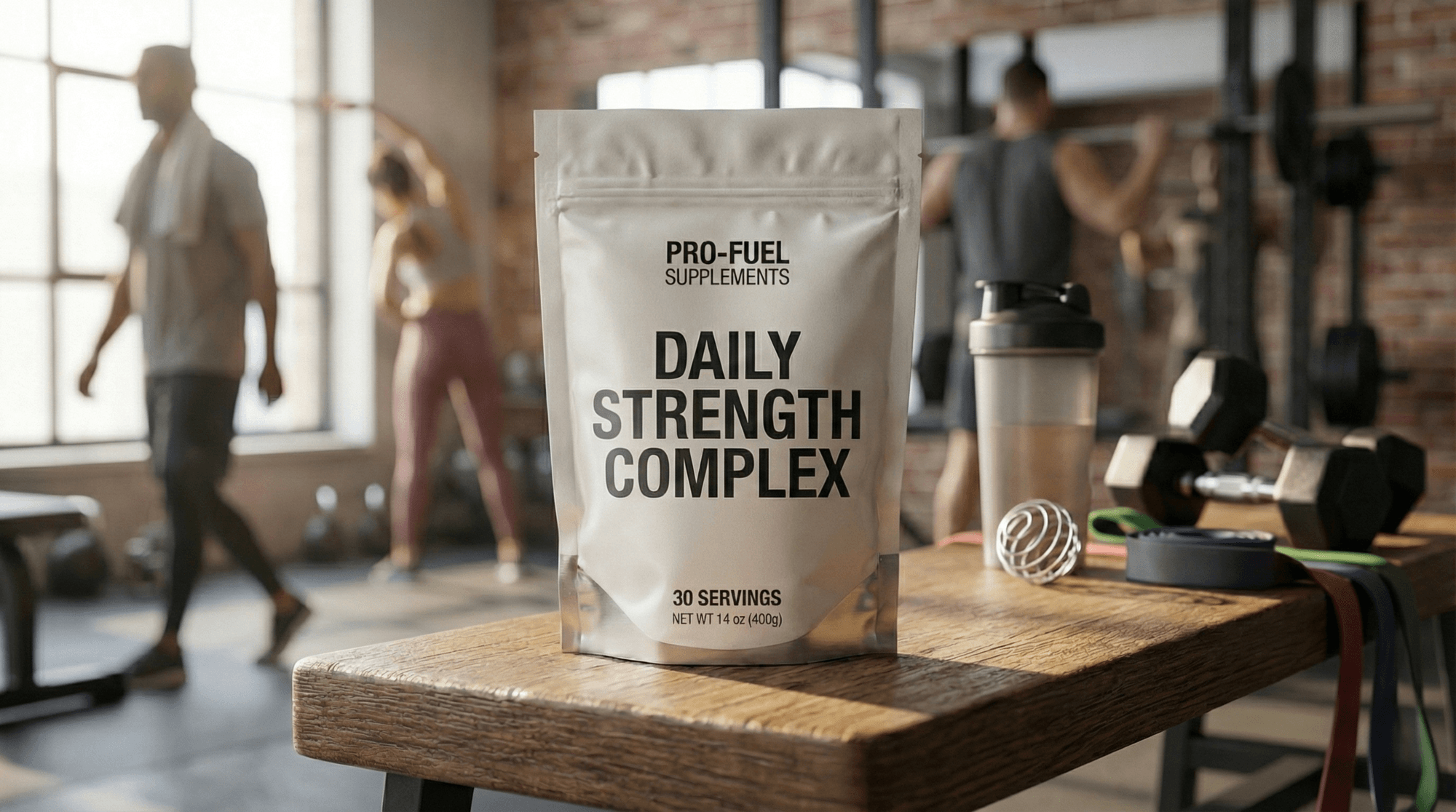 Soft touch stand up supplement pouch on a wooden gym bench with dumbbells, a shaker bottle and people training in the background, showing premium protein packaging in a fitness setting.